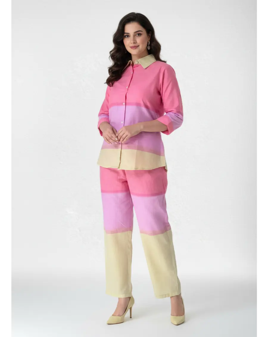 Cambric Cotton Breathable Ombre Co-ord Set- Pink