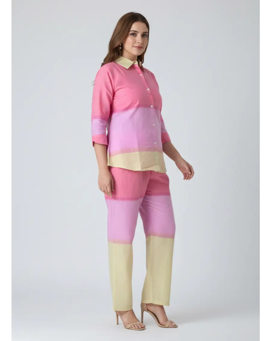 Cambric Cotton Breathable Ombre Co-ord Set- Pink