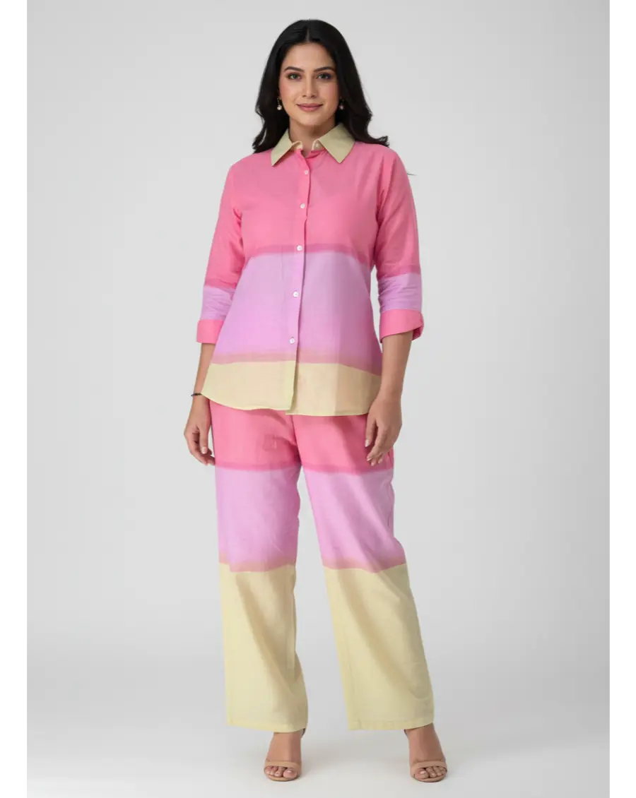 Cambric Cotton Breathable Ombre Co-ord Set- Pink