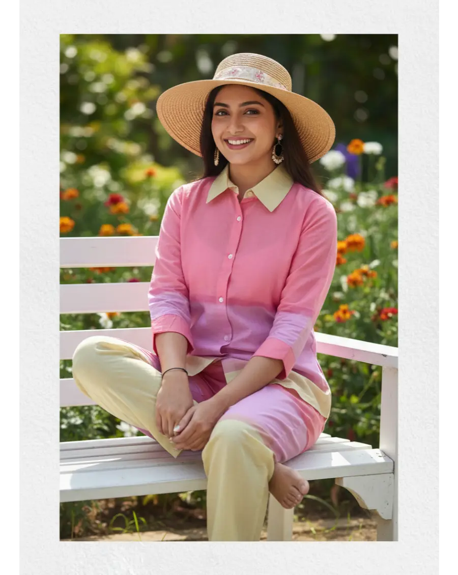 Cambric Cotton Breathable Ombre Co-ord Set- Pink