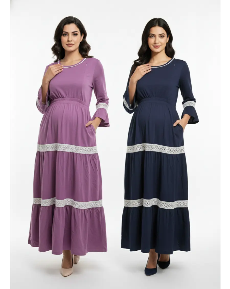 Pack of 2-Women  3/4th Sleeves Ultra Soft Cotton Maternity Maxi-Blue+Lavender