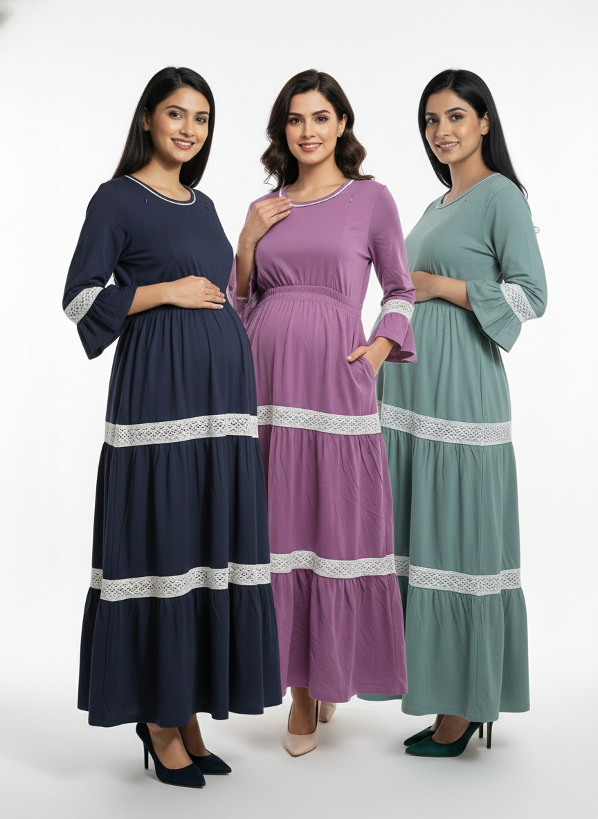 Pack of 3-Women 3/4th Sleeves Ultra Soft Cotton Maternity Maxi-Lavender,Sage Green,Blue