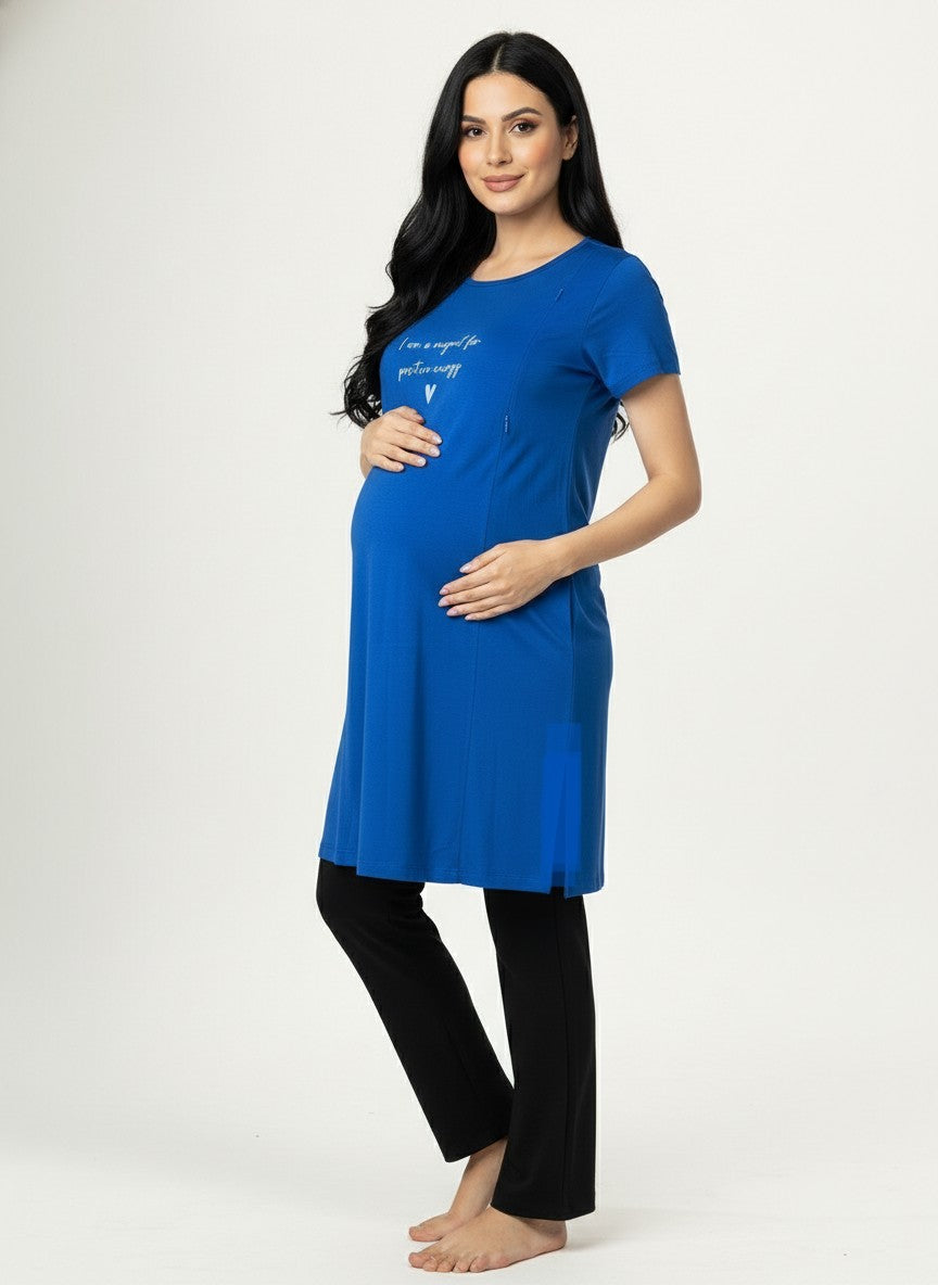 Women Maternity Lounge Blue T-Shirt & Black Pant Set