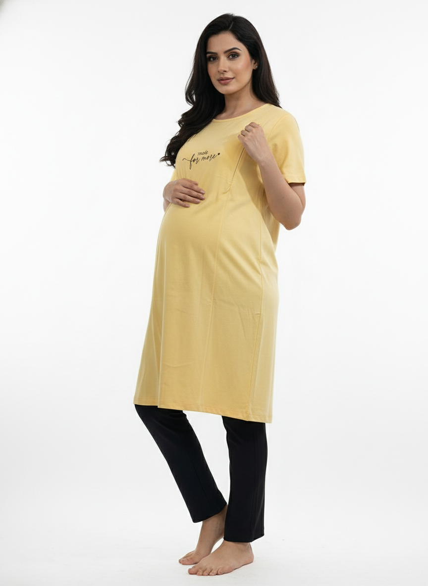 Women Maternity lounge Yellow T-Shirt & Black Pant Set