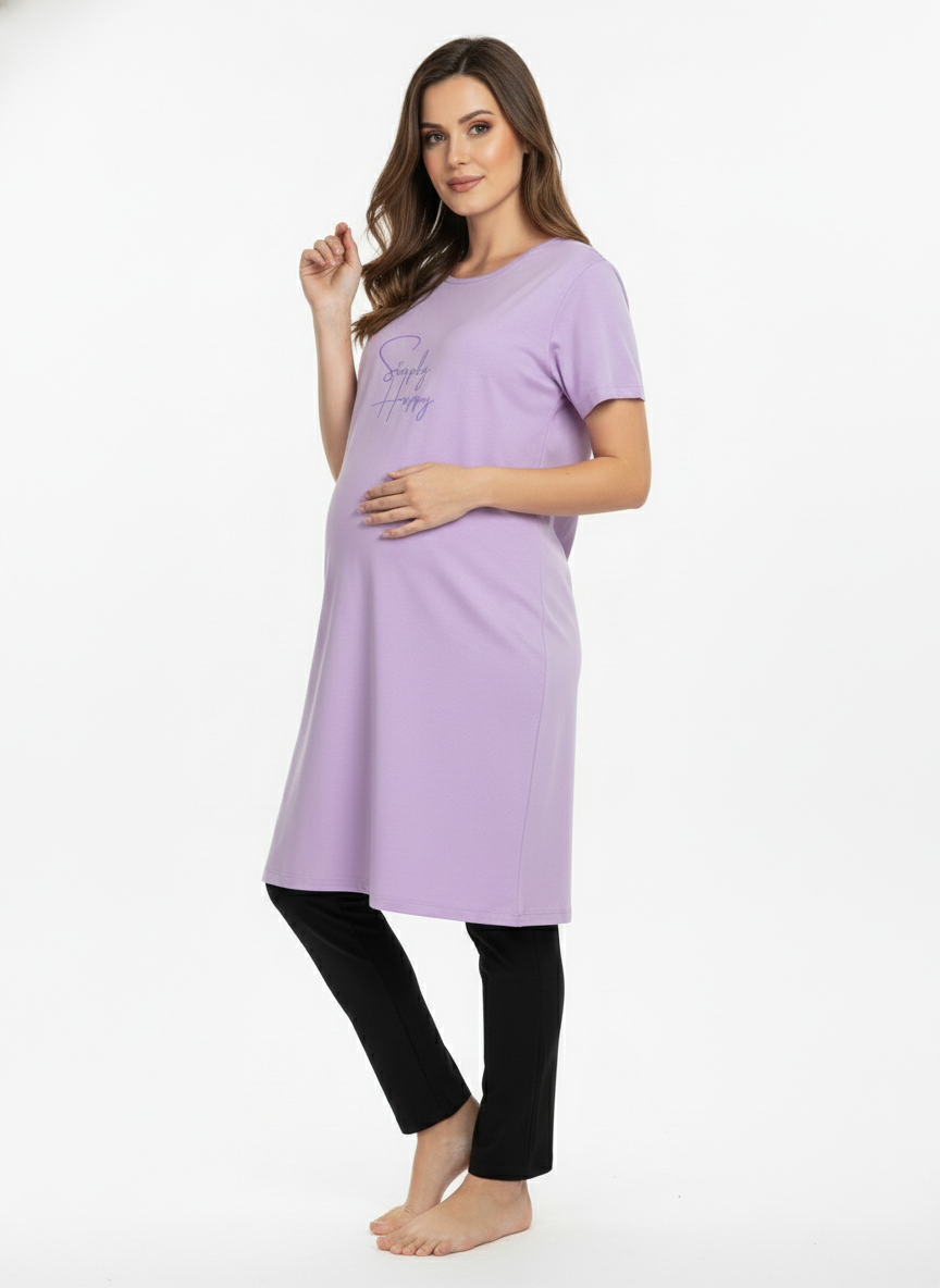 Women Bump Friendly lounge Lavender T-Shirt & Navy Blue Pant Set