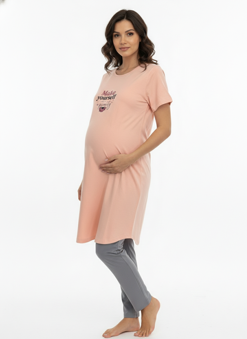 Women Bump Friendly lounge Peach T-Shirt & Grey Pant Set