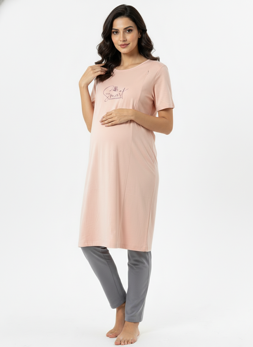 Women Maternity Lounge Peach T-Shirt & Grey Pant