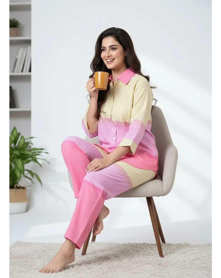 Cambric Cotton Breathable  Ombre Pink Co-ord Set