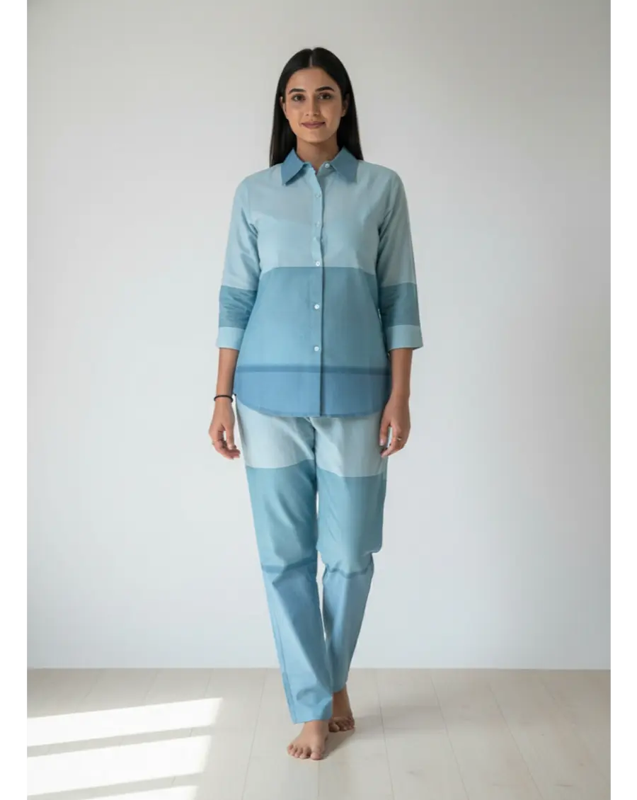 Cambric Cotton Breathable Blue Colour Ombre Co-ord Set