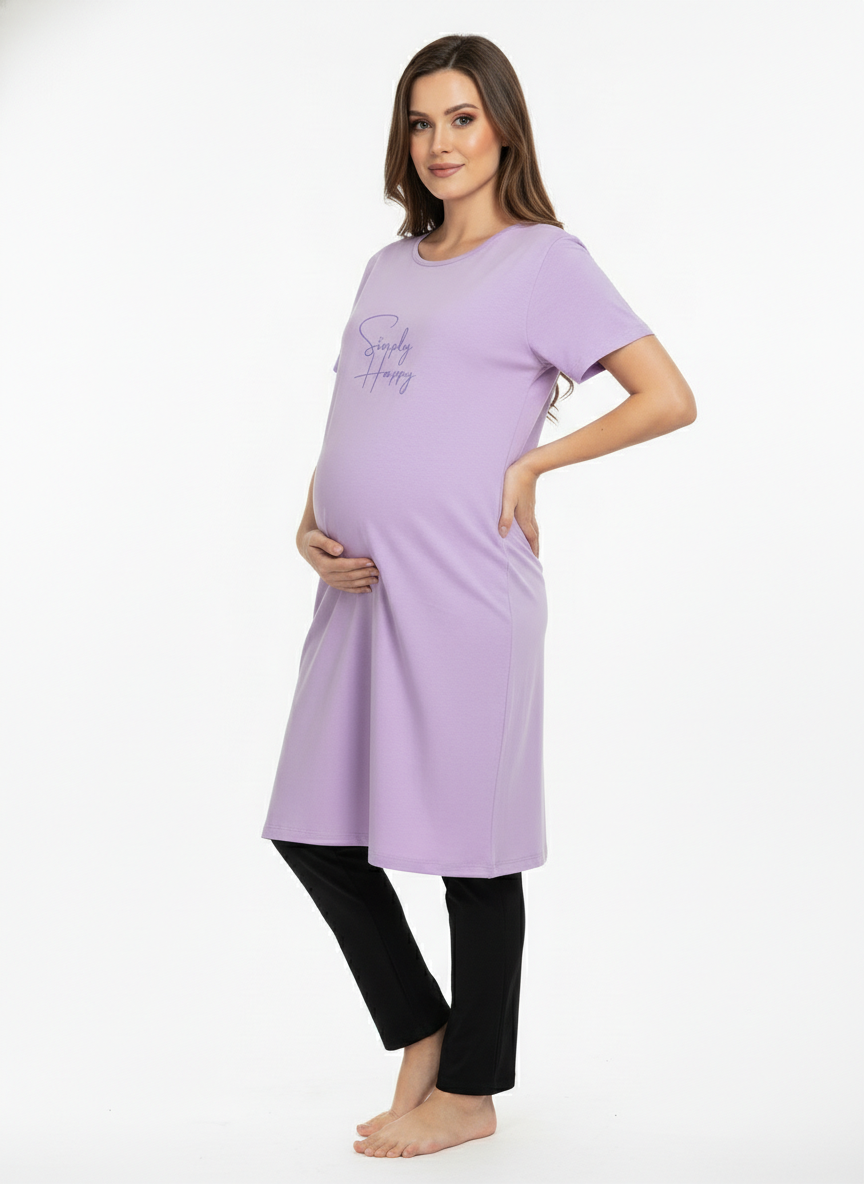 Women Bump Friendly lounge Lavender T-Shirt & Navy Blue Pant Set