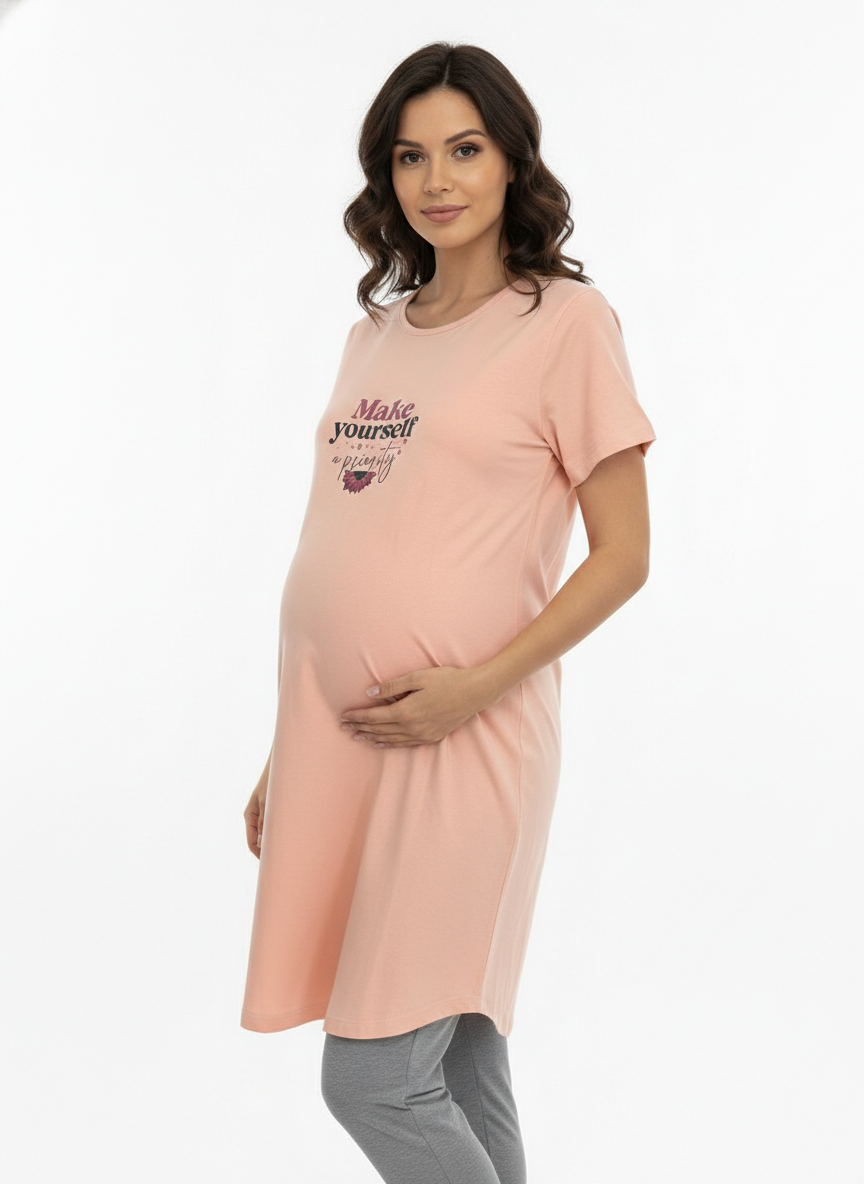 Women Bump Friendly lounge Peach T-Shirt & Grey Pant Set