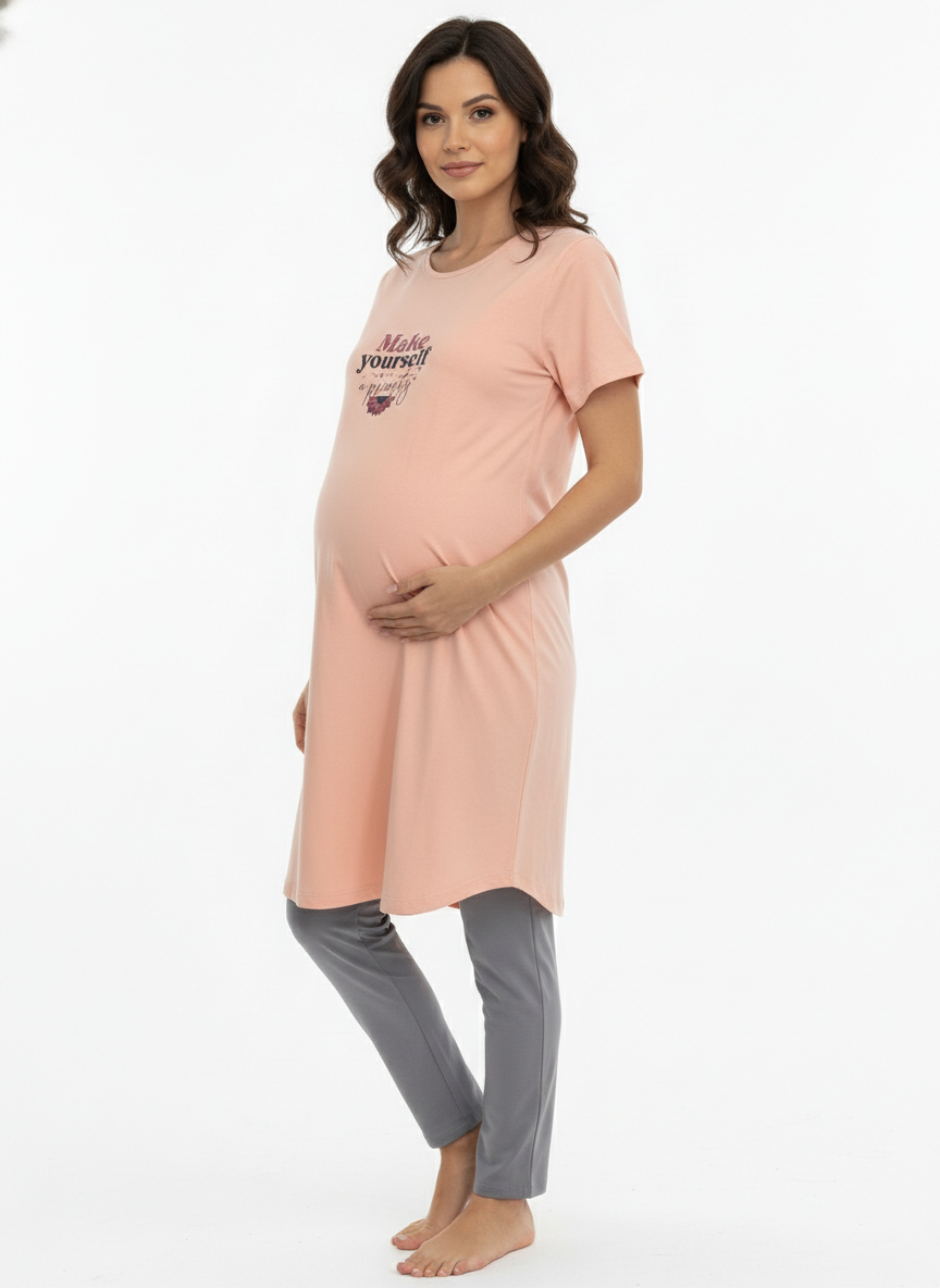 Women Bump Friendly lounge Peach T-Shirt & Grey Pant Set