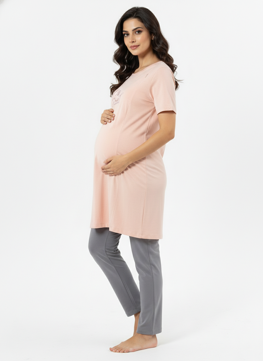 Women Maternity Lounge Peach T-Shirt & Grey Pant