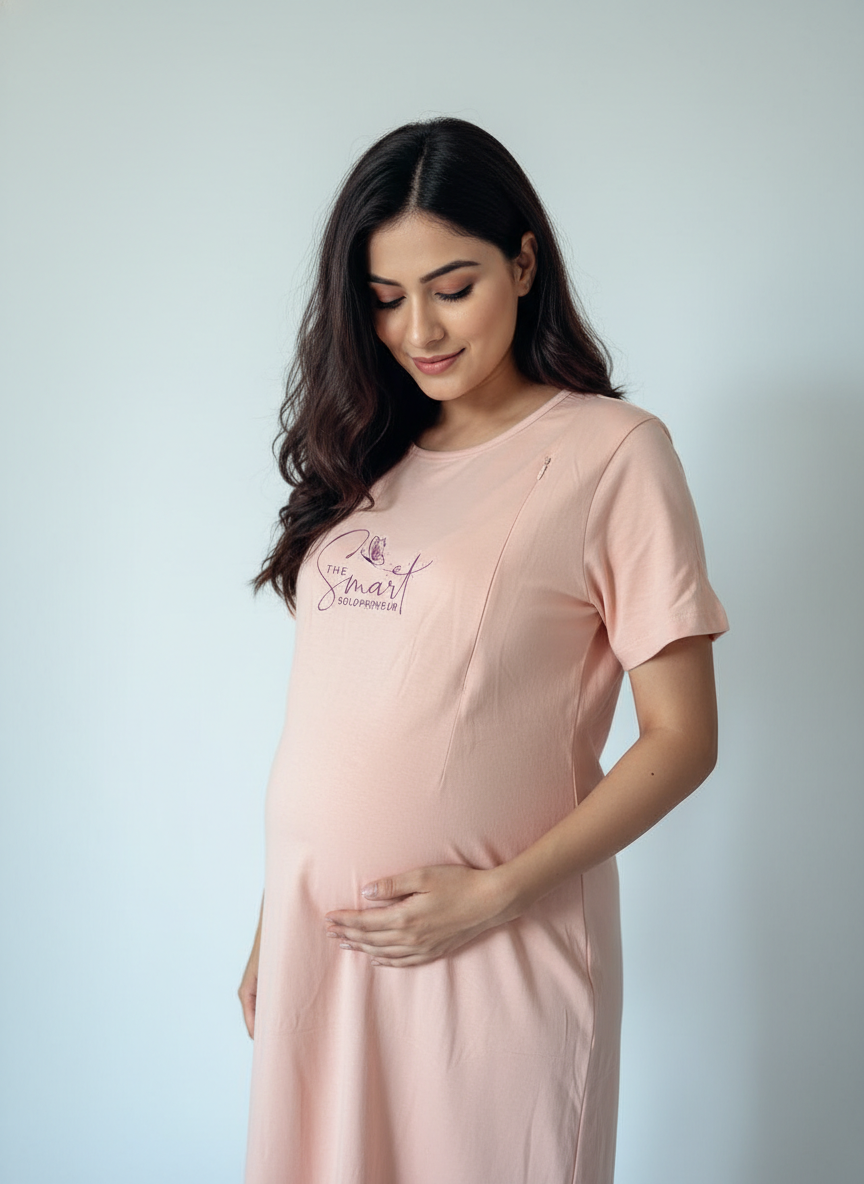 Women Maternity Feeding Zip Lounge T-Shirt- Peach