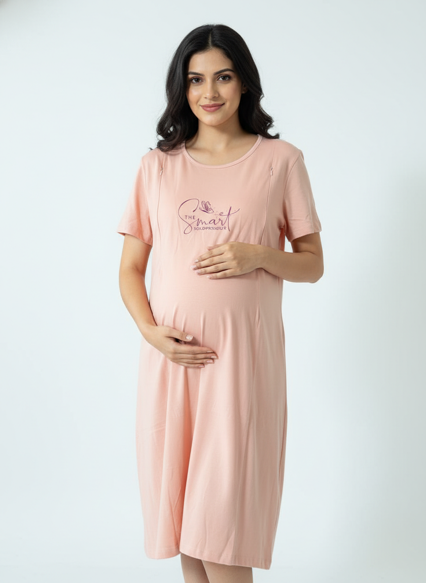 Women Maternity Feeding Zip Lounge T-Shirt- Peach