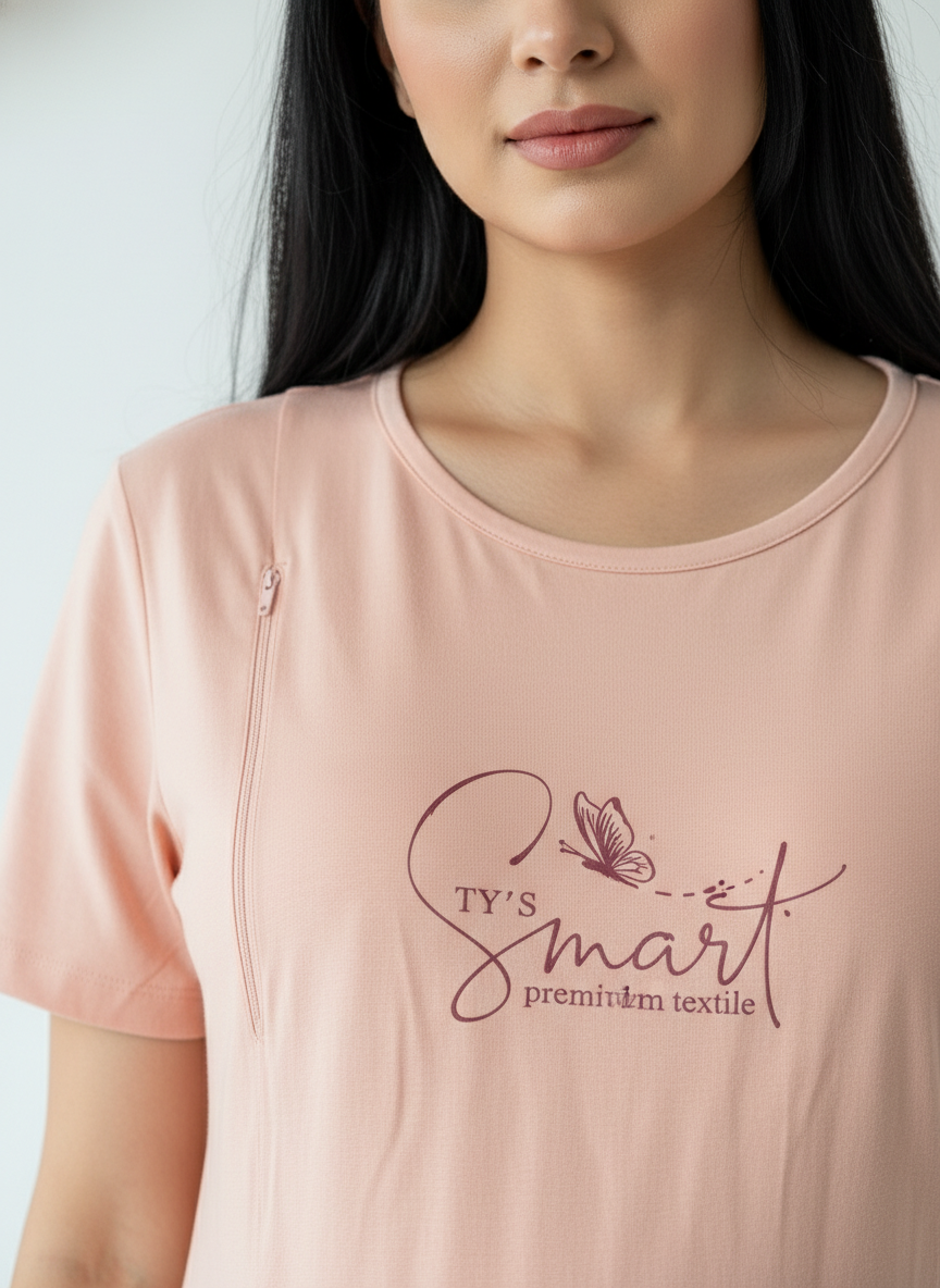 Women Maternity Feeding Zip Lounge T-Shirt- Peach