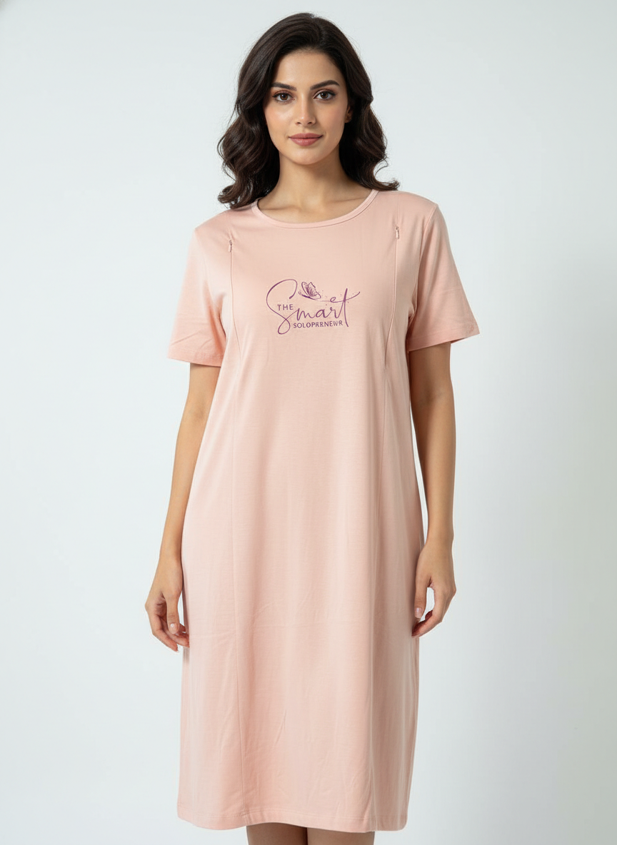 Women Maternity Feeding Zip Lounge T-Shirt- Peach