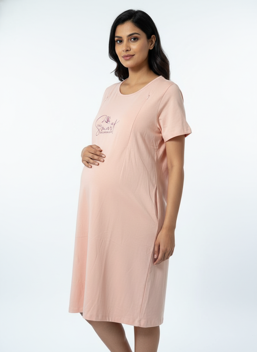 Women Maternity Feeding Zip Lounge T-Shirt- Peach