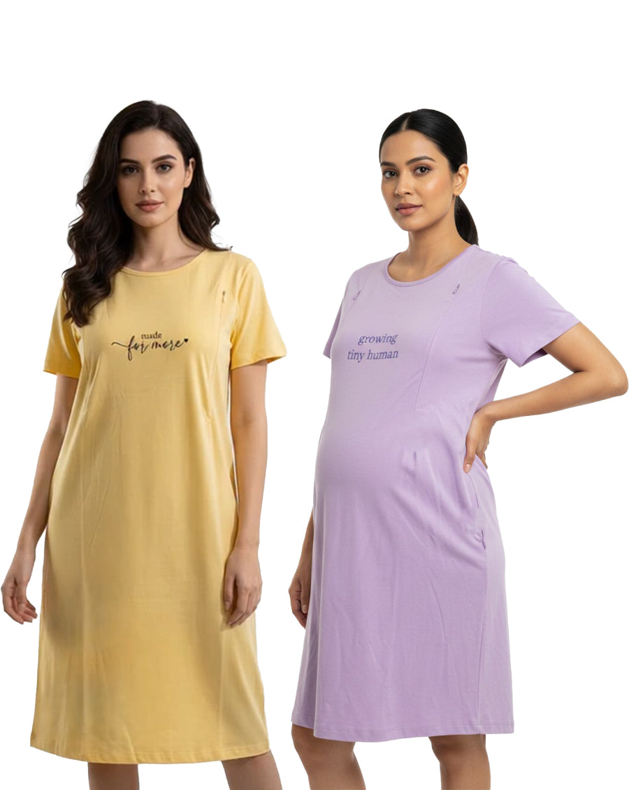 Pack of 2-Women Maternity Feeding Zip Lounge T-Shirt-Yellow ,Lavender