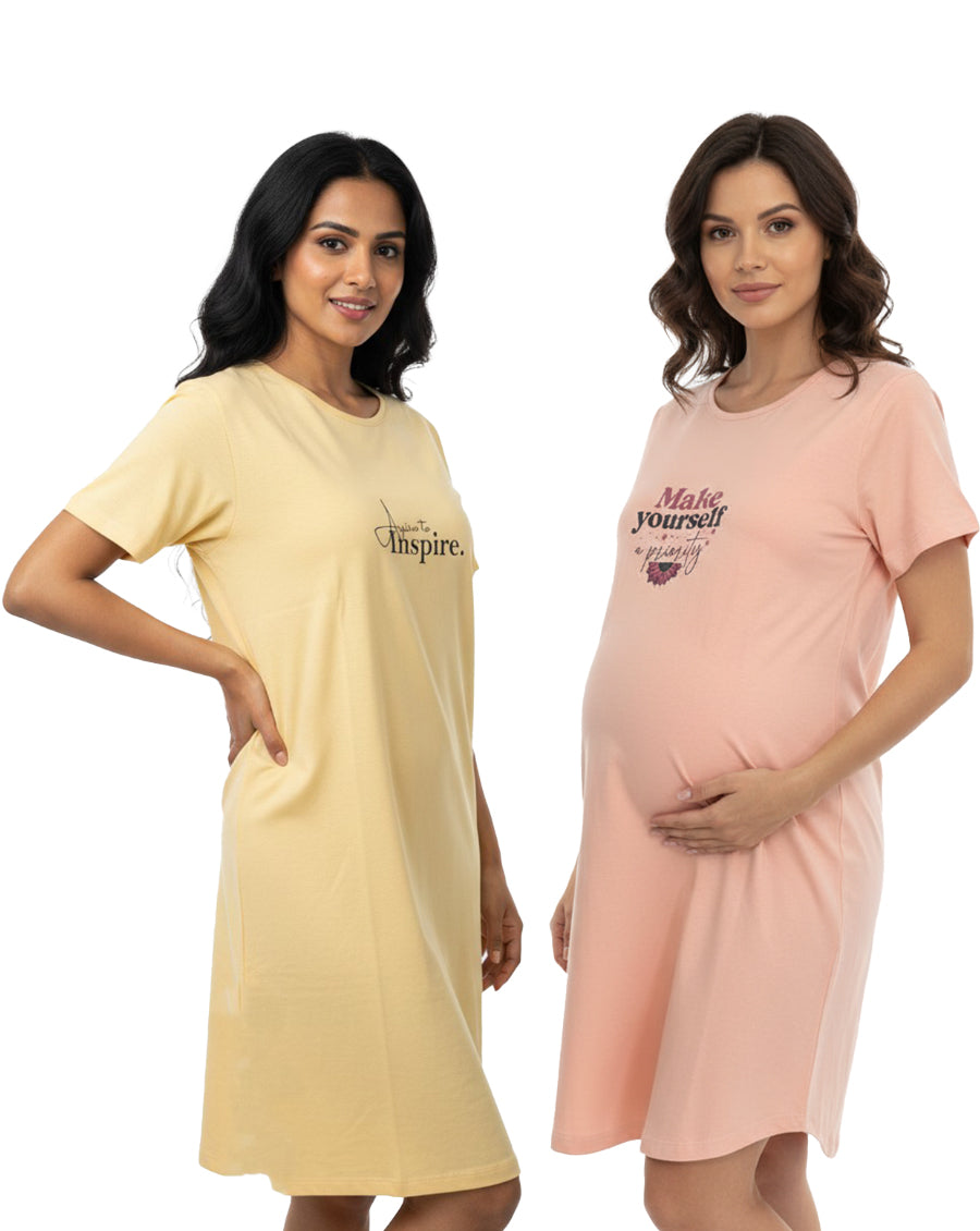 Pack of 2-Women Maternity Lounge T-Shirt- Peach, Yellow