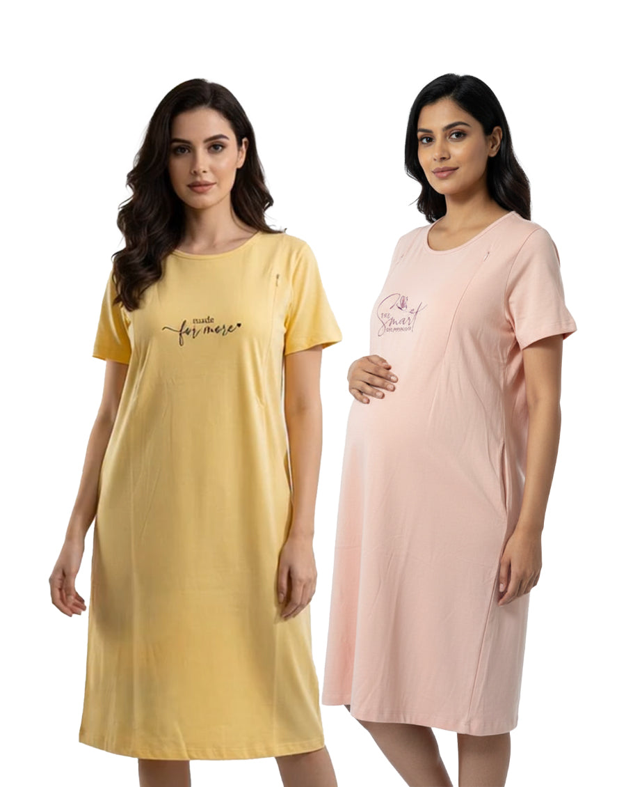 Pack of 2-Women Maternity Feeding Zip Lounge T-Shirt-Peach ,Yellow
