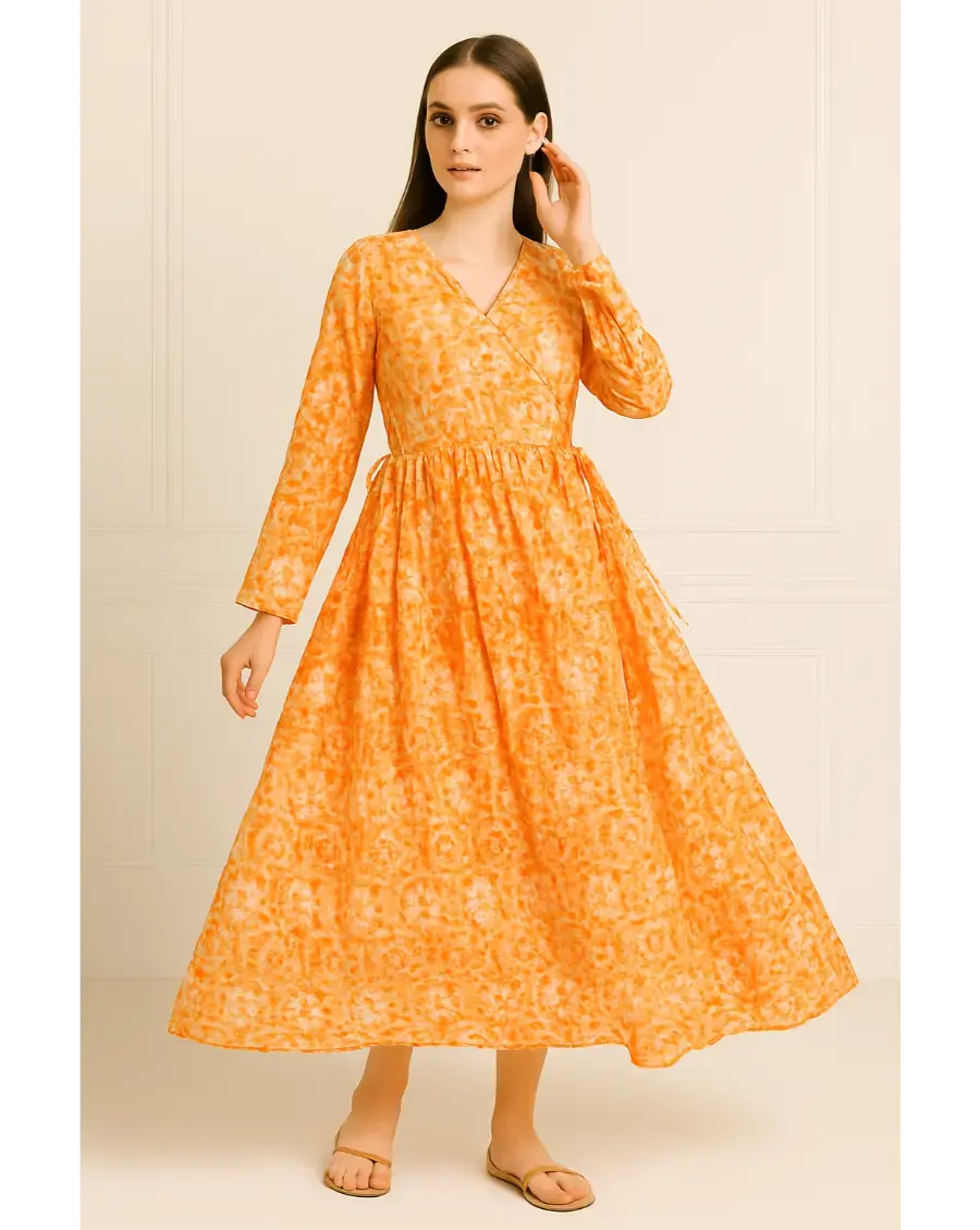Orange Angrakha Style Kota Doria Dress