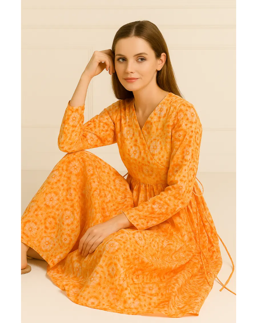 Orange Angrakha Style Kota Doria Dress