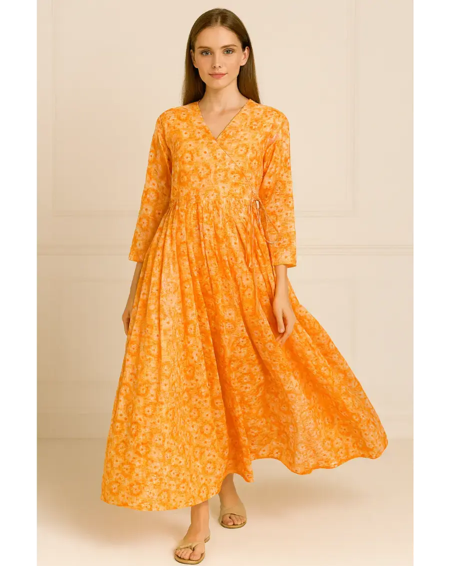 Orange Angrakha Style Kota Doria Dress