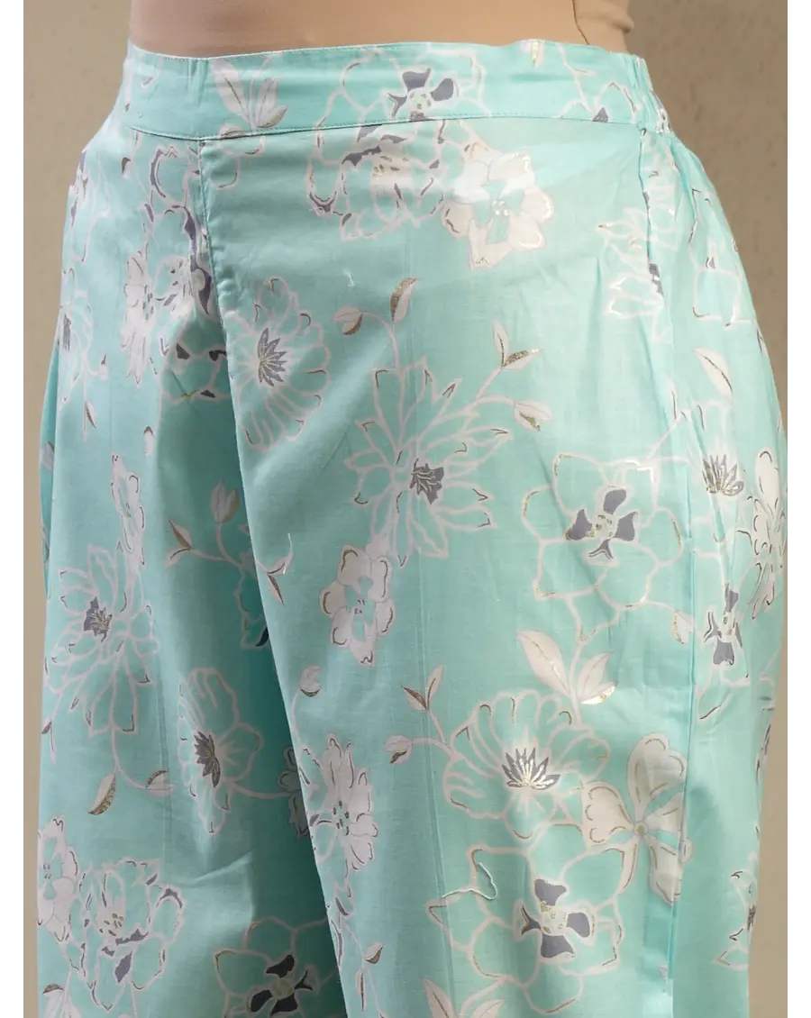 Women Turquoise Color Printed Cotton Fabric Anarkali Kurta Set